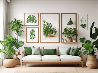 Interior living room, gallery wall poster frames mockup in white room design with wooden furniture and lots of green plants design.