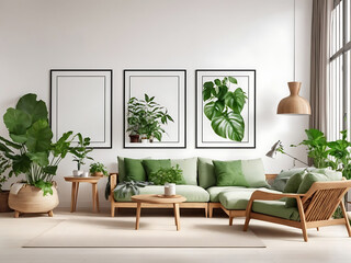 Interior living room, gallery wall poster frames mockup in white room design with wooden furniture and lots of green plants design.