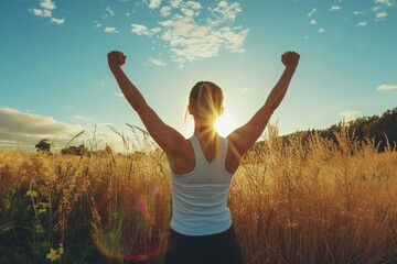 Back view of strong motivated woman celebrating workout goals towards the sun. Morning healthy training success. - obrazy, fototapety, plakaty