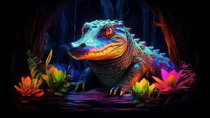 Obraz premium Crocodile Neon light animal sitting cave pictures AI Generated Art