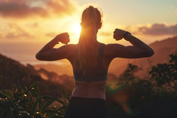 Back view of strong motivated woman celebrating workout goals towards the sun. Morning healthy training success. - obrazy, fototapety, plakaty