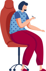 Woman sitting on office chair looking at smartphone. Casual style, relaxed posture, modern worker. Everyday telecommunication vector illustration.