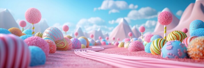 Lollylops sweet lansdcape background. Candyland scene for game or presentation design. 3D render. Holiday, birthday concept. - obrazy, fototapety, plakaty