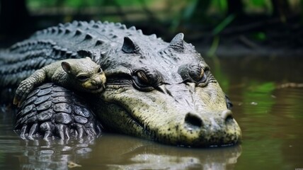 Fototapeta premium Crocodile animal caressing its baby AI Generated pictures