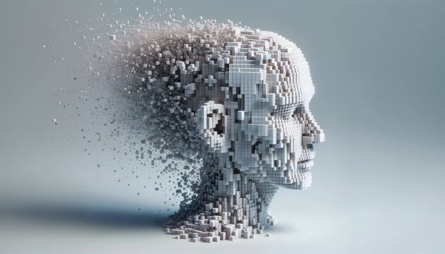Voxel Dissolution Disintegrating Human Head Profile in Cubic Pixels
