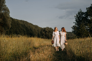 Naklejka na ściany i meble The image depicts two women walking in a field. 5619