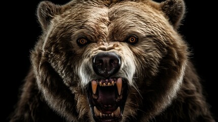 Intense and fierce close up of an angry brown bear, isolated on a dramatic black background