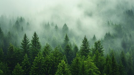 Dense Fog Blanketing a Lush Forest of