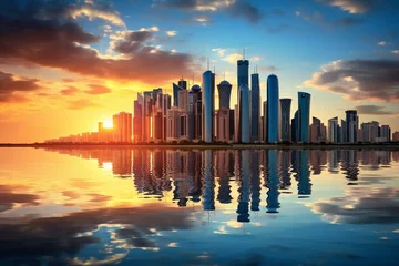Poster A stunning view of Doha's contemporary high-rises reflecting on water during sunrise at Sheraton Park in Qatar. Generative AI © Amelia