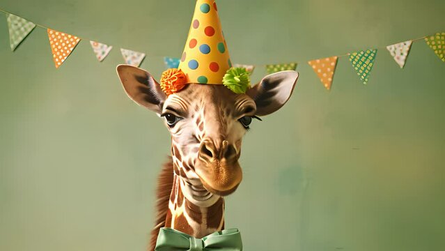 happy birthday celebration, giraffe in a festive hat