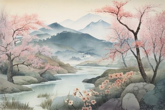 A scenic view featuring mountains, a river, and cherry blossom trees depicted in a watercolor painting. Generative AI