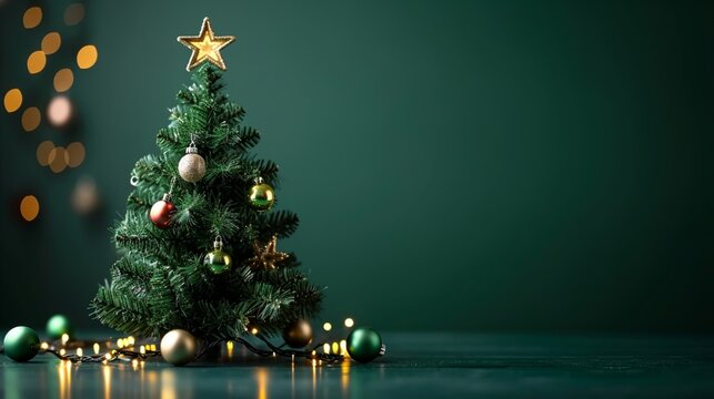 image of green Christmas tree decorated with bright balls and star placed on table against glowing green background