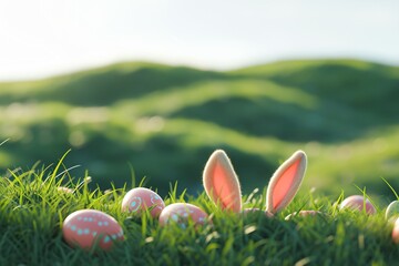 Easter bunny ears and painted eggs in grass on a hillside. Outdoor springtime concept with copy space for design for greeting card, postcard, invitation - obrazy, fototapety, plakaty