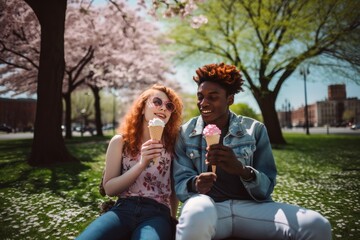 A couple of young happy friends eating ice cream in a park in spring.