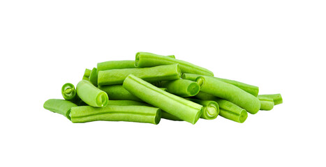Bunch of fresh green beans cut isolated on white background with PNG.