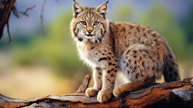 Beautiful bobcat resting on tree branch, stunning wildlife photography image