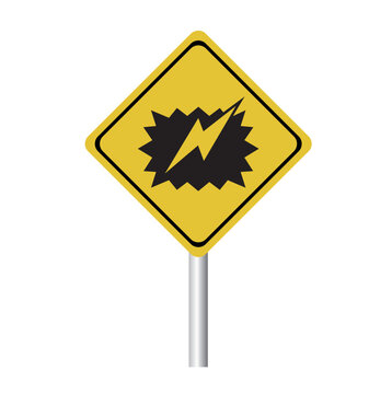 yellow triangle danger sign with lightning bolt isolated in a whire background, electricity attension mark of high voltage close up, dangerous place for riskly electric