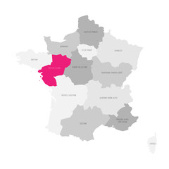 Pays de la Loire - map of administrative division, region, pink highlighted in map of France