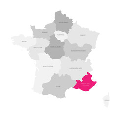 Provence-Alpes-Cote d Azur - map of administrative division, region, pink highlighted in map of France