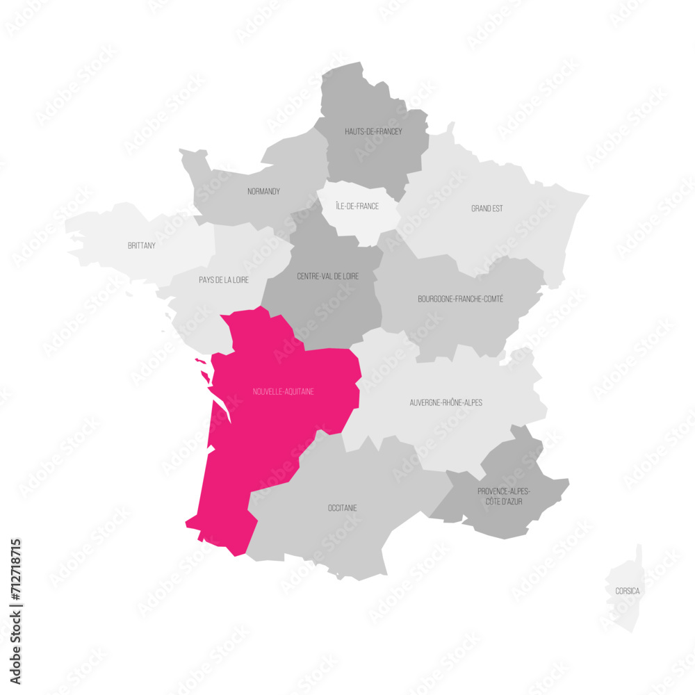 Poster Nouvelle-Aquitaine - map of administrative division, region, pink highlighted in map of France