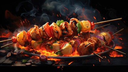 smoked skewers with flames