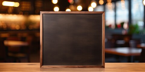 Empty chalkboard on wooden table in upscale mall restaurants with blurred background. Ideas for text or product display.