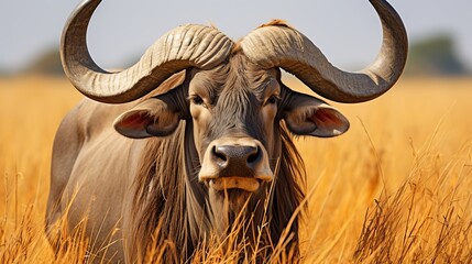 Majestic african buffalo portrait in natural habitat, wildlife photography