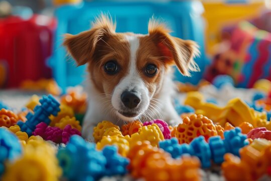 Playful pets surrounded by a riot of colorful toys, their joy and excitement boundless and contagious.