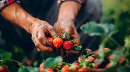 Detalle de las manos de un agricultor recolectando fresas de la tierra