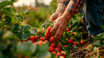 Detalle de las manos de un agricultor recolectando fresas de la tierra