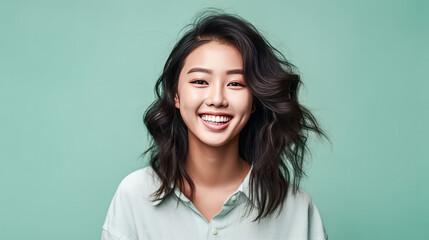 Obraz premium a girl of Asian appearance brightens a green background.