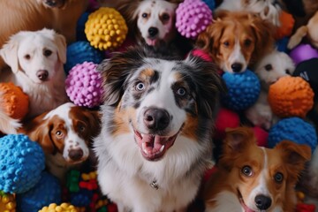 Cute dogs surrounded by squeaky toys, showcasing their playful and energetic behavior in a delightful display.
