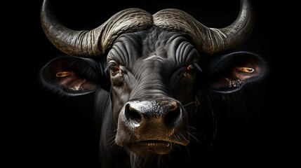 Naklejka premium African buffalo portrait isolated on black background for wildlife concept and design