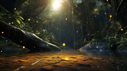 A pair of glowing fireflies creating a magical dance of light in the depths of the jungle -Generative Ai