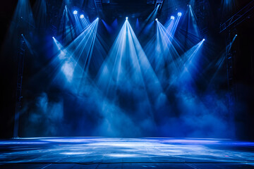 Theaterzauber: Beeindruckende Bühne mit Spotlights, Rauch und rotem Vorhang für ein unvergessliches kulturelles Erlebnis und dramatische Show-Effekte - obrazy, fototapety, plakaty