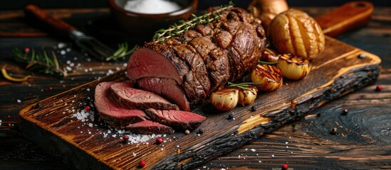 Classic British Sunday roast with sliced roast beef complemented by garlic and salt, showcased on a rustic charred wooden board.
