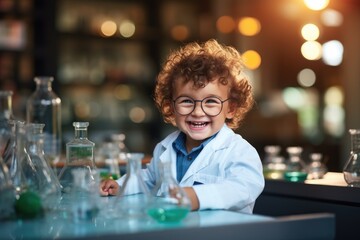 Cute smiling baby boy in laboratory outfit doing chemical reactions