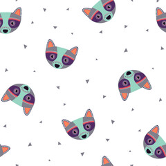 Cute childish seamless pattern with funny raccoons. Vector illustration isolated on white background for nursery and textile decoration. Boho style.