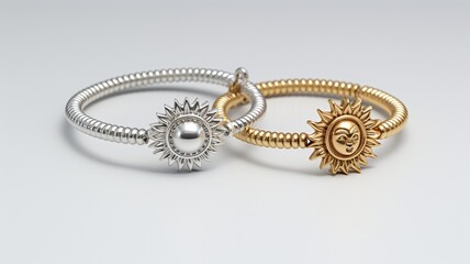 A pair of intertwined bracelets, one adorned with a moon charm and the other with a sun, capturing the essence of eternal love -Generative Ai