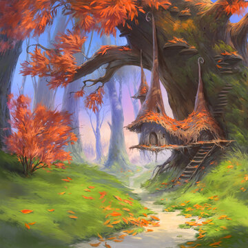 Illustration of a magical forest and fairytale tree houses