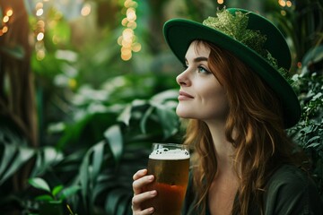 Woman in green hat holding beer glass, outdoor botanical setting. Beautiful girl enjoying Irish holiday. Banner, poster with copy space. Ireland, culture, tradition. St Patrick's Day celebration