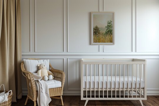 Three dimensional render of picture hanging on wall over empty crib