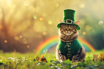 Cat wearing green leprechaun hat and costume with rainbow and clovers. Luck and fortune concept....