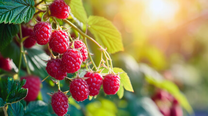 ripe raspberries grow on bushes and the sun shines brightly