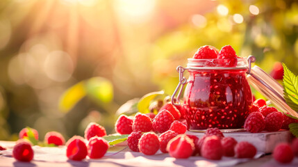 a jar of raspberry jam is on the table next to fresh raspberries
