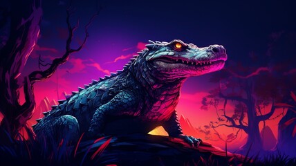 Crocodile Neon light animal hill next tree AI Generated pictures