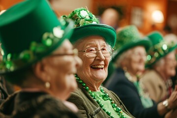 Group of happy senior friends celebrating St Patrick's Day. Elderly people wearing green hats and shamrock necklaces. Celebration, holiday, and friendship concept
