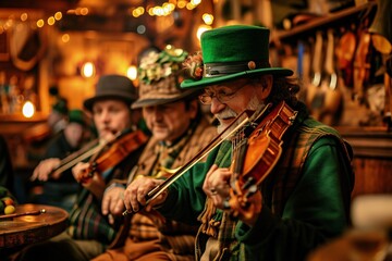 Traditional musicians playing violins in a pub in Ireland. Live Irish folk music. Saint Patrick's Day celebration. Poster, banner, background.  - obrazy, fototapety, plakaty