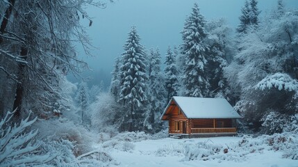 Wooden house and trees in snowy forest