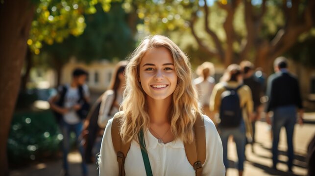 Smiling blonde female student on campus